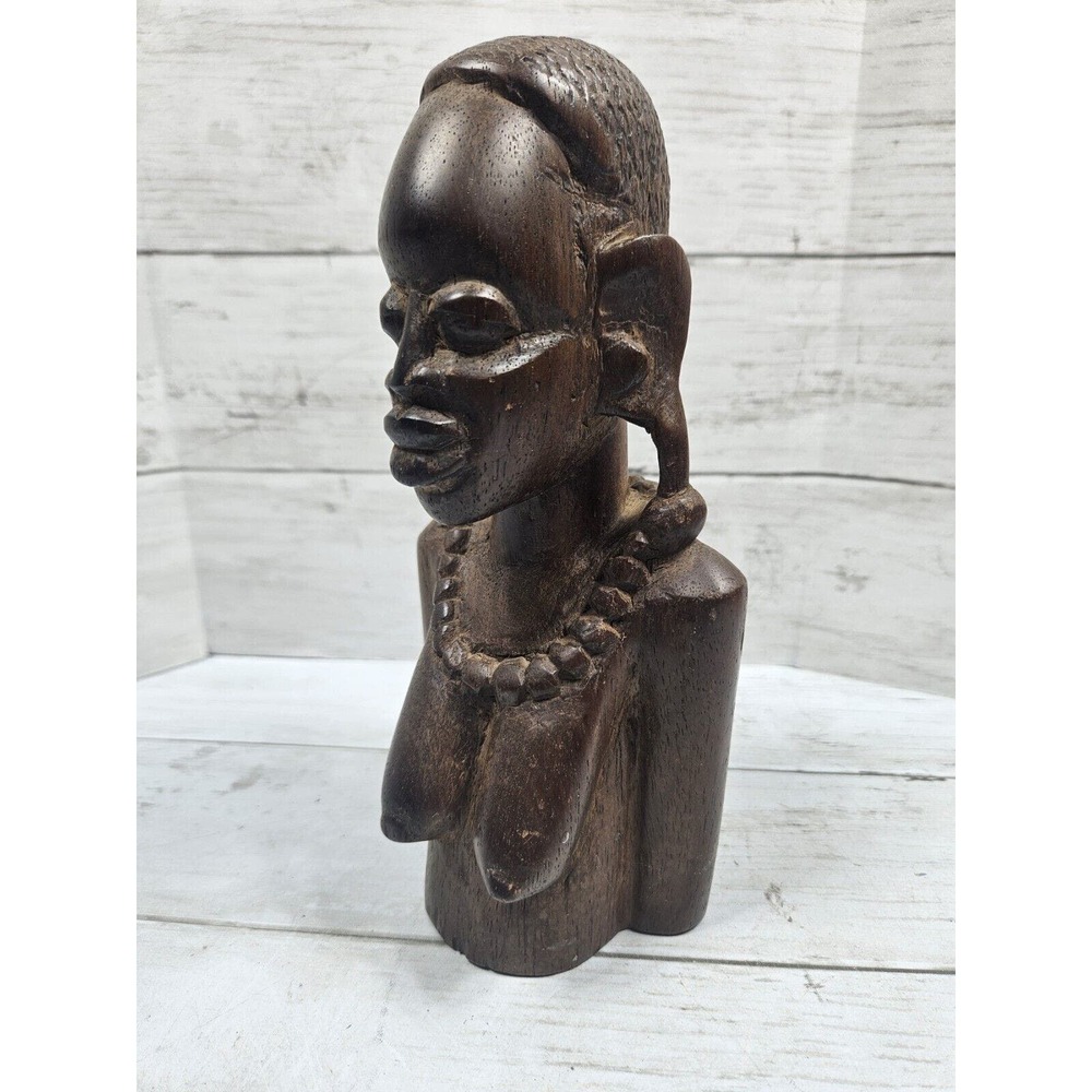 VTG African Tribal Head Bust Semi Nude Breasts Woman Carved Wood 8" Heavy Wood